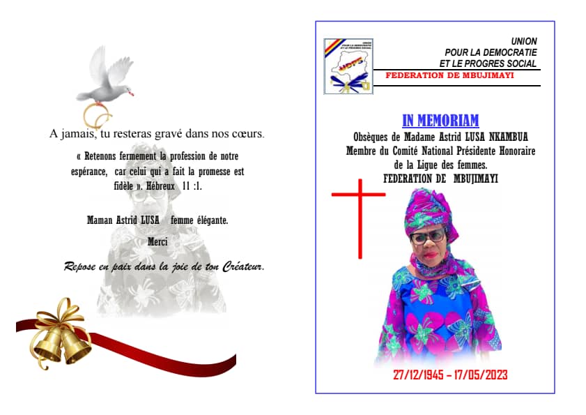 Kasaï oriental : l’UDPS ignore le Gouverneur Mathias Kabeya dans l’organisation des obsèques de Madame Astrid Lusa
