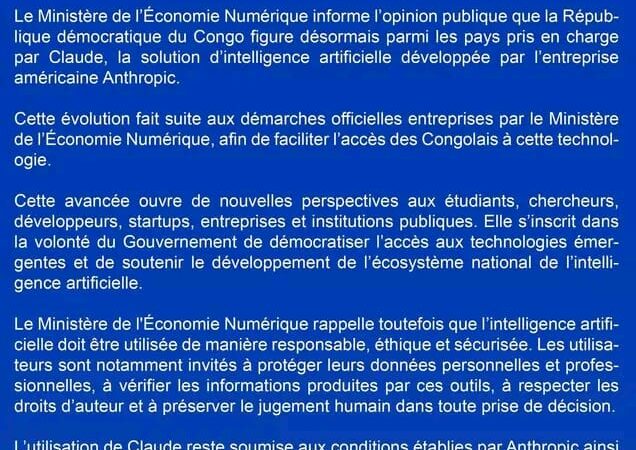 Anthropic : l’IA Claude désormais officiellement accessible en RDC, le gouvernement congolais appelle à un usage responsable