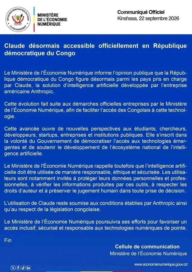 Anthropic : l’IA Claude désormais officiellement accessible en RDC, le gouvernement congolais appelle à un usage responsable